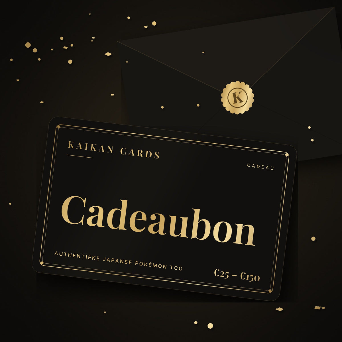 Kaikan Cards cadeaubon: zwarte kaart met goudfolie en envelop met gouden lakzegel
